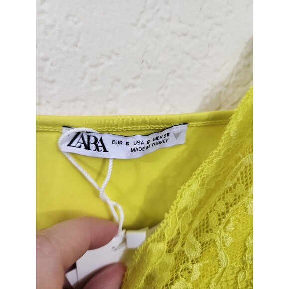 Nwt Zara Womens S Lace Trim Neon Yellow Bodysuit With Snap Closure - Picture 5 of 7